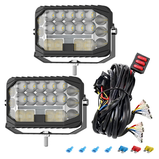 Litampo 5 Inch LED Pod Offroad Lights, 200W Side Shooter Cube Pods with 2 Lead 4 Gang Wiring Harness, Spot Flood Combo Driving Lights, Amber DRL Driving Work Light for Jeep Truck SUV