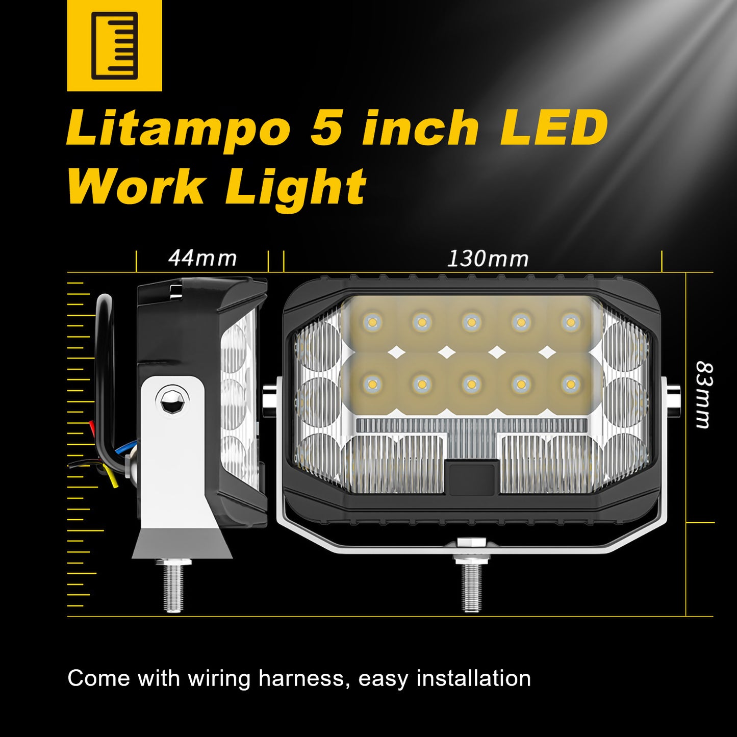 Litampo 5 Inch LED Pod Offroad Lights, 200W Side Shooter Cube Pods with 2 Lead 4 Gang Wiring Harness, Spot Flood Combo Driving Lights, Amber DRL Driving Work Light for Jeep Truck SUV