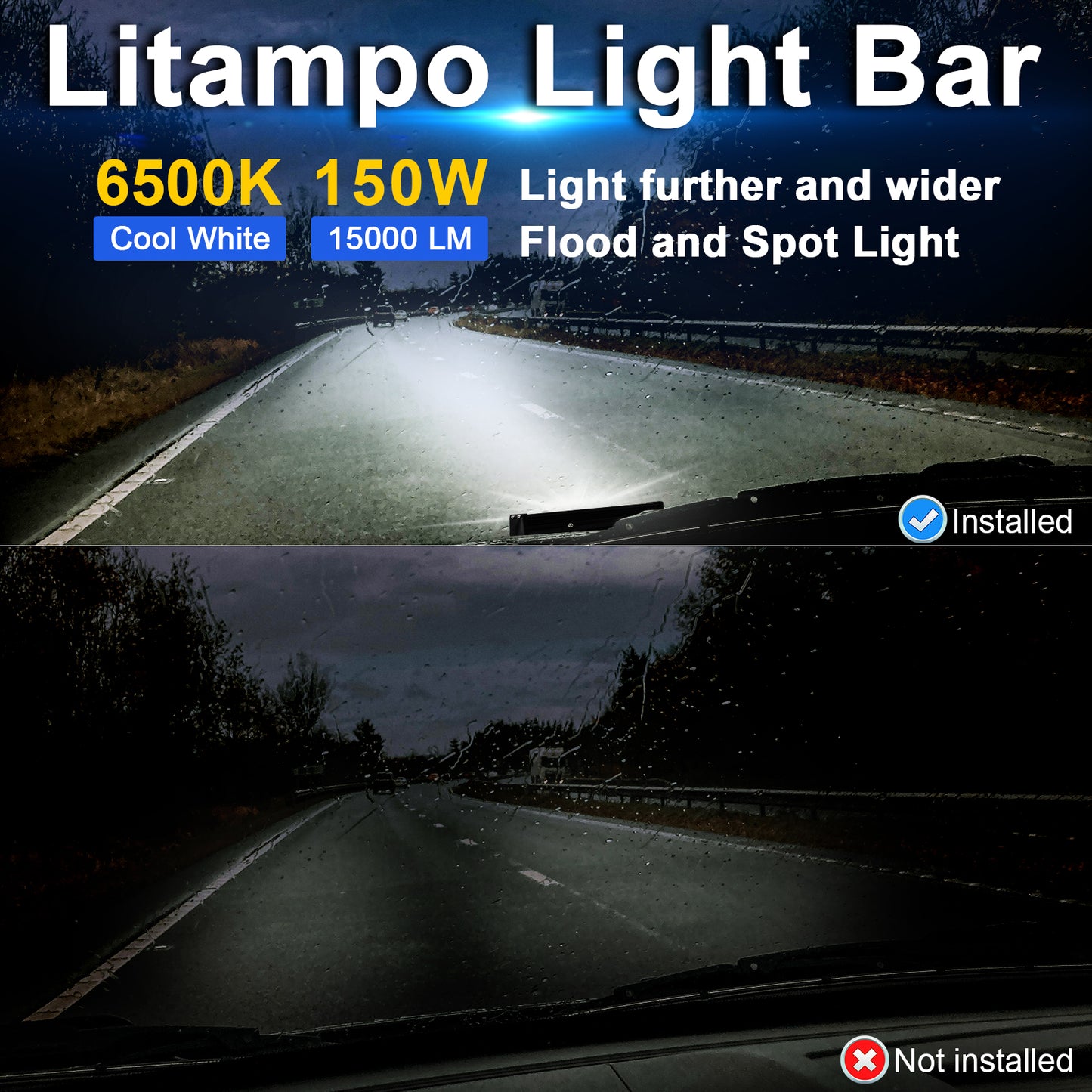 Litampo 12Inch LED Light Bar, 5 Row Spot Lights 150W 15000LM Backup Light Bumper Work Light with Wiring Harness Kit for Off Road Fog Light Driving Light on Truck SUV ATV UTV