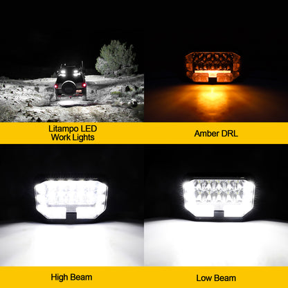 Litampo 5 Inch LED Pod Offroad Lights, 200W Side Shooter Cube Pods with 2 Lead 4 Gang Wiring Harness, Spot Flood Combo Driving Lights, Amber DRL Driving Work Light for Jeep Truck SUV