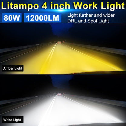 Litampo 4 inch Round 80W 12000LM Light pods with Strobe Amber DRL Spot Light Off Road Light Bar Work Light with 2 Leads Wiring Harness Kit for Jeep SUV Truck Hunters 2 Pack