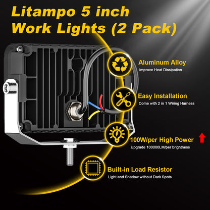Litampo 5 Inch LED Pod Offroad Lights, 200W Side Shooter Cube Pods with 2 Lead 4 Gang Wiring Harness, Spot Flood Combo Driving Lights, Amber DRL Driving Work Light for Jeep Truck SUV