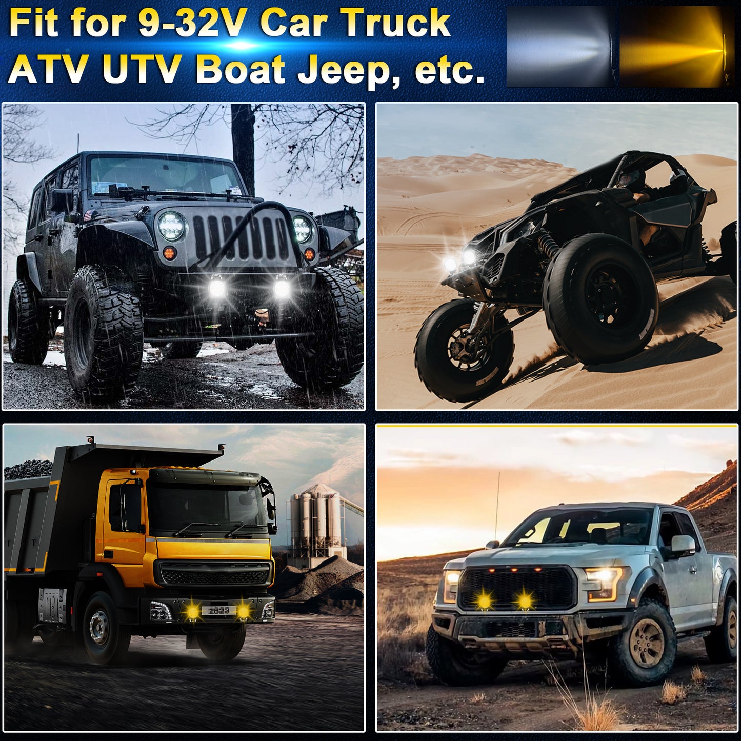 Litampo 4 inch Round 80W 12000LM Light pods with Strobe Amber DRL Spot Light Off Road Light Bar Work Light with 2 Leads Wiring Harness Kit for Jeep SUV Truck Hunters 2 Pack