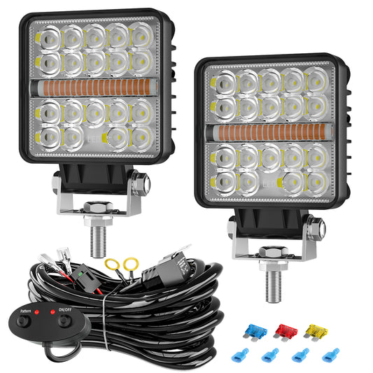 Litampo 4 inch Square 80W 12000LM Light pods with Strobe Amber DRL Spot Light Off Road Light Bar Work Light with 2 Leads Wiring Harness Kit for Jeep SUV Truck Hunters 2 Pack